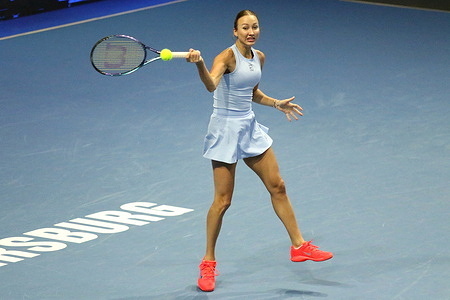 Anastasia Potapova of Russia plays against Yulia Putintseva of Kazakhstan (Not in view) during the International Team Tennis Tournament Trophies of Northern Palmyra 2025 at The Arena. Final score: (Anastasia Potapova 4:2, 5:3, 4:2 Yulia Putintseva).