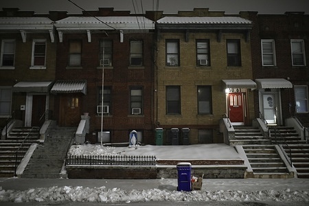 A view of a snow-covered Metropolitan Avenue in the Ridgewood neighborhood of Queens. A snowfall occurred in New York City on February 8, 2025.