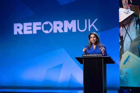Reform UK Shadow Education and Skills Secretary, Suella Braverman speaks during a press conference in London.