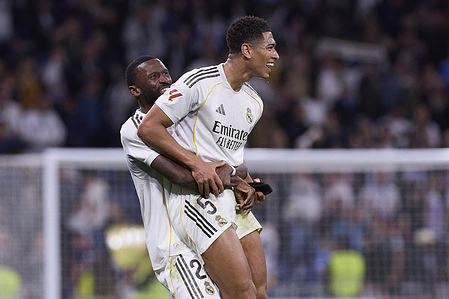 Antonio Rudiger (L) of Real Madrid CF and Jude Bellingham (R) of Real Madrid CF celebrate during the LaLiga EA Sports 2025/2026 week 29 football match between Real Madrid CF and Atletico Madrid at Santiago Bernabeu stadium. Final score: Real Madrid CF 3:2 Atletico Madrid.