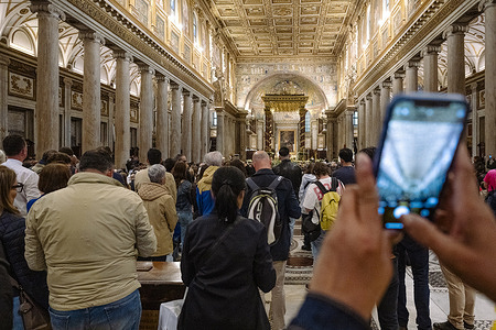 People seen taking photos of St. Mary Major. People went to the Papal Basilica of St. Mary Major, in the center of Rome, to pay respects at the tomb of Pope Francis, who died on Monday 21 April 2025 at the age of 88. He was laid to rest in St. Mary Major on 26 April.