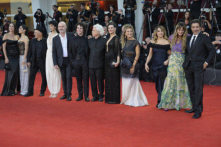(L-R) Adriano Giannini, Vjaya Bechis Boll, Paula Cohen, Marcela Serli, Ana Celentano, director Marco Bechis, a guest, Marcelo Chaparro, Olivia Nuss, Adrián Fondari, Verónica Gerez and Maria Laila Fernandez attend the red carpet of the movie Ritorno a Buenos Aires during the 83rd Venice International Film Festival at Palazzo del Cinema in Venice Lido.