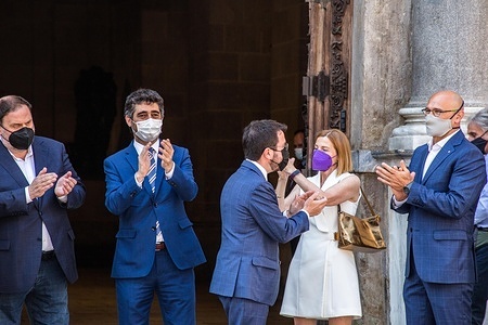 Oriol Junqueras former Vice-President of the Generality of Catalonia, Jordi Puignero Vice-president of the Generalitat of Catalonia, Pere Aragones President of the Generalitat of Catalonia, Carme Forcadell former president of the Parliament of Catalonia and Raul Romeva former Councilor for Foreign Affairs of Catalonia are seen in front of the Government of Catalonia
The president of the Generality of Catalonia, Pere Aragones has held an official reception event at the Palau de la Generalitat de Catalunya for the Catalan pro-independence political prisoners who have left prison on Wednesday June 23 after the Council of Ministers approved the pardon for the nine independence leaders Catalans imprisoned for the 'proces' Catalan independence process of 2017.