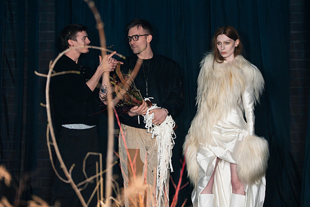 The designers pose at the runway at the Agro Fashion show during the London Fashion Week
