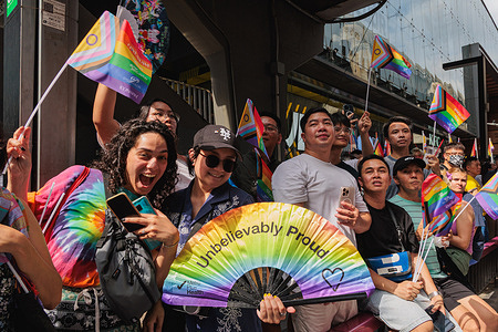 Participants pose for pictures during the Bangkok Pride Parade 2025. Bangkok Pride Parade 2025 was held by Naruemit Pride Co., Ltd to promote gender equality in Thailand, The parade started from the National stadium to the Central World shopping plaza. Bangkok Pride Parade 2025 is also supported by various organizations for example The government, business enterprises, and civil society.