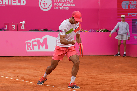 Nuno Borges of Portugal seen in action with Miomir Kecmanovic (Not in view) during the Quarterfinals of Millennium Estoril Open Challenger 175 tennis tournament at the Clube de Tenis do Estoril. Final score: Miomir Kecmanovic 2:1 Nuno Borges