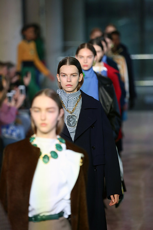 Models walk the runway at the TOGA show during London Fashion Week February 2018 at BFC Show Space.