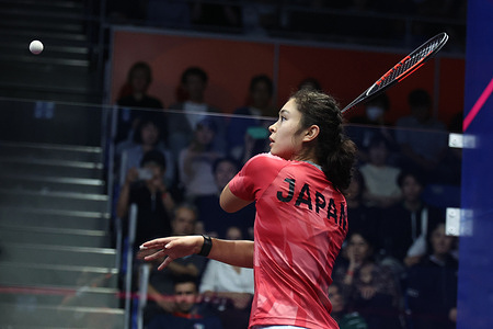India’s Joshna Chinappa competes against Japan’s Eri Sano (Not in picture) in the women’s squash competition at the 20th Asian Games Aichi-Nagoya 2026. Chinappa defeated Sano 3-0 (11-1, 11-8, 11-9).