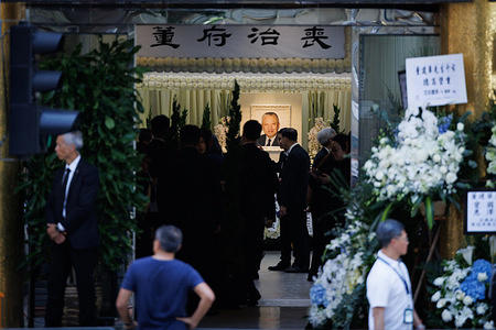 A portrait of former Hong Kong chief executive Tung Chee-hwa is displayed during his funeral at Hong Kong Funeral Home. Tung, who died on September 8, was a divisive figure, with Chinese state media hailing him as a "renowned patriot" and "close friend of the Communist Party", though some of his policies sparked widespread protests.
