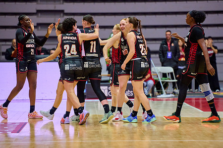 Chloe Bibby and her temmates of Spar Girona celebrate the victory after match of the Spanish Women's Basketball League, Liga Femenina Endesa, gameday 23 between Spar Girona and Lointek Gernika Bizkaia at Fontajau Pavilion on February 28, 2026 in Girona, Spain.