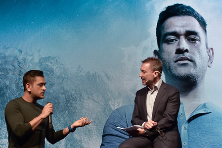 Mahendra Singh Dhoni being interviewed during the Panerai launch.