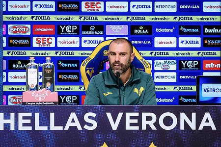 Paolo Sammarco, the interim new head coach of Hellas Verona FC seen during a press conference before the match between Hellas Verona FC and AC Pisa 1909 at the Hellas Verona headquarters.