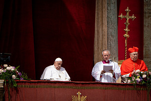 Vatican City, Vatican - 20/04/2025 12:12:20: Pope Francis delivers his traditional ‘Urbi et Orbi’ Blessing from the balcony of St. Peter's basilica overlooking St. Peter's Square in Vatican City.