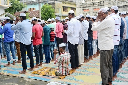 A physically disabled Muslim devote is seen during prayers.
Muslims attended prayers (Namaz) at Gadu Miya Mosque on the occasion of Eid-al Adha. It is a religious festival celebrated by Muslims worldwide to commemorate the willingness of Prophet Ibrahim to sacrifice his son as an act of obedience to God.
