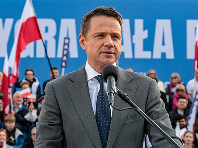 Rafal Trzaskowski, Mayor of Warsaw and a candidate for president of Poland from the Civic Platform party, which holds the government, speaks to the public during the election rally at Main Market Square. Rafal Trzaskowski leads the surveys but without a clear majority. The first round of election takes place on May 18 and Rafal Trzaskowski is expected to move to the second round.