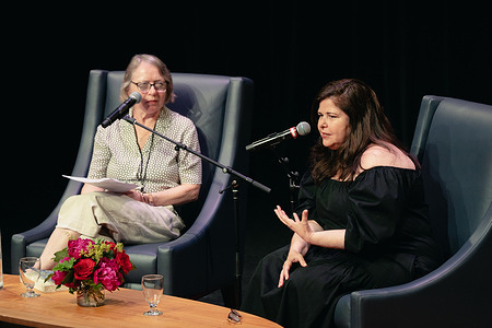 (L-R) Shari Lapena and Lisa Unger on stage at Motive Crime and Mystery Festival, a subsidiary event of Toronto International Festival of Authors (TIFA), at Isabel Bader Theatre in Toronto. Presented by the Toronto International Festival of Authors (TIFA), the 2025 MOTIVE Crime & Mystery Festival drew bestselling authors, emerging writers, and passionate fans from around the world for a dark celebration in Toronto.