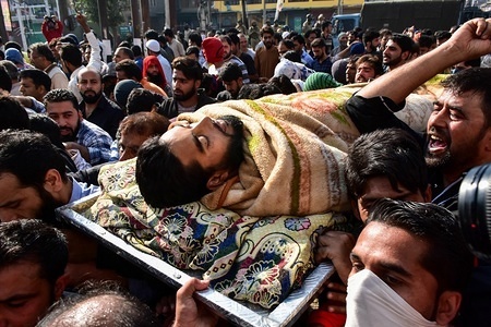 (EDITORS NOTE: Image depicts death.) Kashmiri mourners carry the dead body of Saleem Malik, a civilian killed by government forces during a cordon and search operation in Srinagar, Indian administered Kashmir. A civilian was killed on Thursday early morning after government forces launched a cordon and search operation in the Noorbagh area of Srinagar following information about presence of militants there, the official said. Clashes erupted soon after the news of the killing spread in the area with the locals alleging that Malik was killed in forces' firing. Meanwhile, curfew has been imposed in parts of Srinagar to thwart protests against the killing. Internet services have also been suspended.