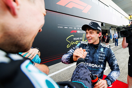 Andrea Kimi Antonelli of Italy and the Mercedes-AMG PETRONAS Formula One Team celebrates after winning the F1 Grand Prix of Japan at the Suzuka Grand Prix Circuit