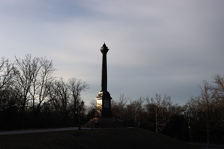 View of the monument to Russian Emperor Alexander 2 at the Taras Shevchenko Central Park of Culture and Recreation. Unknown persons broke a commemorative plaque and imperial coat of arms from the monument to the Russian Emperor Alexander II. The column is among the monuments that fall under the Ukrainian law on decommunization and decolonization. In 2026, it was excluded from the state register of monuments, which opened the way for its possible demolition. The Alexander Column in the park of the same name (now the Taras Shevchenko Central Park of Culture and Recreation) was built in 1891 in honor of the Russian Emperor Alexander II