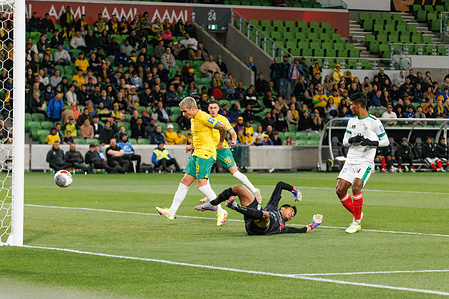 Jamie Maclaren of Australia scores a goal during the FIFA World Cup 2026 AFC Asian Qualifying game between Australia and Bangladesh. Australia won the game 7 : 0.