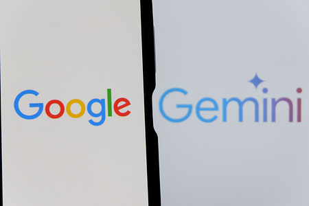 In this photo illustration, Google logo is seen displayed on a smartphone with Gemini AI logo in the background.