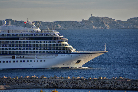 Viking Mars cruise liner leaves the French Mediterranean port of Marseille.