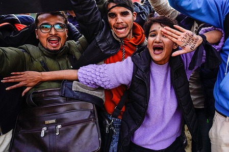 Student union cadres chant slogans during the demonstration. The protest outside the Myanmar embassy based in Nepal in support of the seven university students who were protesting against the military coup in Myanmar and later given a death sentence by a military court taking the tally of those on death row to 139 according to the United Nations in Lalitpur.