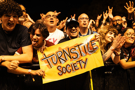 Fans attend the show of the Turnstile band during the Rock en Seine music festival. Festival goers attended the fourth day of the Rock en Seine 2026 music festival at the Parc Saint-Cloud, in Paris, France.