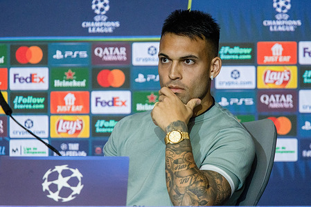 Inter Milan's Lautaro Martinez attends a press conference ahead of the UEFA Champions League match against Atletico Madrid at the Riyadh Air Metropolitano Stadium.