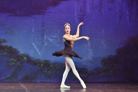 A dancer seen during the performance of 'Lake of the Swans' at the Gran Via in Madrid. The Laura Alonso Ballet returns to Madrid with Alicia Alonso's version of "Swan Lake". Through this version, the work is immersed in an unforgettable fairy tale. The young queen Odette is the victim of the spell of the terrible sorcerer Von Rothbart, who turns her into a swan and only allows her to take human form during the night
