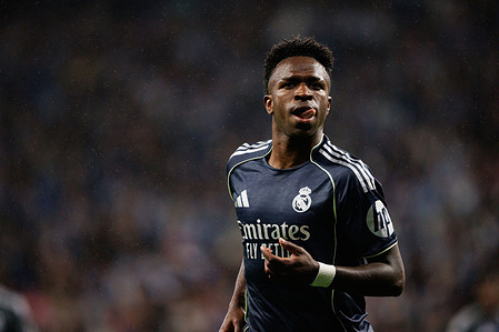 Vinícius Júnior (Real Madrid FC) seen in action celebrating after scoring goal during LaLiga EASPORTS game between teams of RCD Espanyol de Barcelona and Real Madrid FC RCD Espanyol de Barcelona 0 - 2 Real Madrid FC
