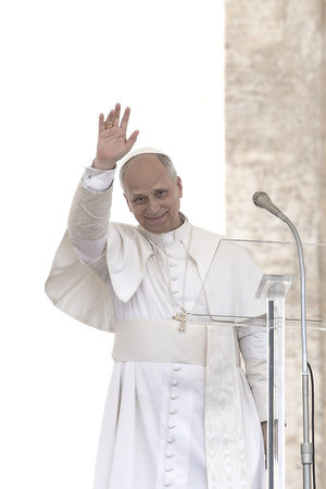 Pope Leo XIV leads the Angelus prayer in St. Peter's square at the end of the Mass for the Jubilee of Sport in St. Peter's Basilica.