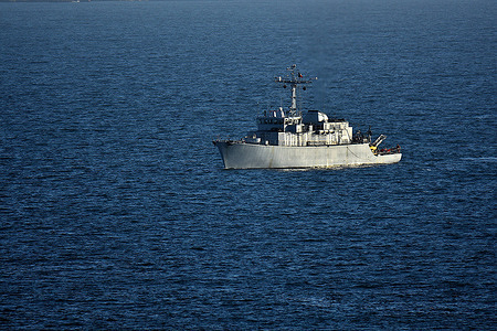A French Warship is seen at sea in Marseille.