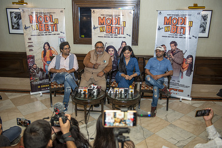 (L-R) Vikram Kochhar actor, director Eddy Singh, Bollywood actress Avani Modi and Pitobash Tripathy actor attend the press conference of their upcoming Hindi-language movie 'Modi ji Ki Beti' at PVR plaza in Delhi.