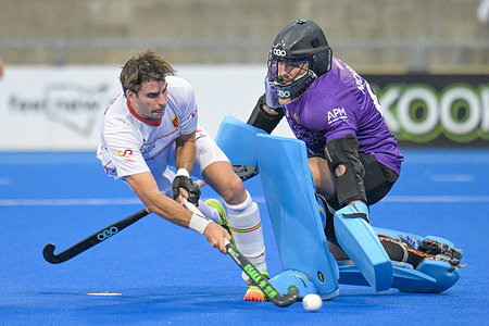 Marc Reyne (L) of Spain Men Hockey team and Mitch Nicholson (R) of Australia Men Hockey team seen in action during the 2024/25 FIH Men's Pro-League match between Australia and Spain held at the Hockey Centre. Final score; penalty shootout Spain 3:0 (2-2) Australia.