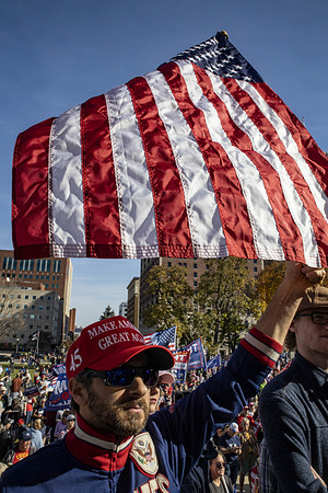 A man wearing a "Make America Great Again" cap waves an American flag on the steps of the Michigan State Capitol Building.
Large numbers of people gathered to join in the Stop the Steal Protest, which was organized to show opposition to Biden winning the presidency. Many at the protest suspected voting counts to be inaccurate, fraudulent or votes for Donald Trump to have been maliciously destroyed.