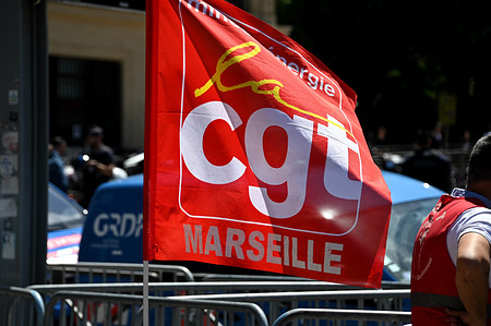 View of a CGT flag during the demonstration. Several public sector unions, including the CGT, Solidaires, CFE-CGC, UNSA, FO, and FSU, have called for a day of strike action in the public sector, to protest the budgetary measures taken by the French government. Thousands of people demonstrated across France.