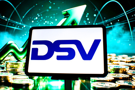 In this photo illustration, the DSV logo is displayed on a tablet screen.