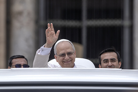 Pope Leo XIV leaves at the end of his first weekly general audience in St. Peter's Square.