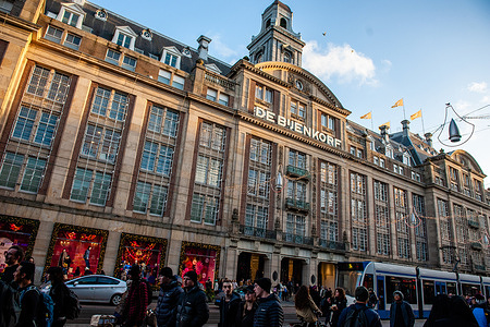 A view of one of the most important chains of high-end department stores in the Netherlands 'de Bijenkort'. In Amsterdam, shops are ready with deals and store windows are decorated with sales banners to attract people during Black Friday as The Netherlands is in a mild economic recession.