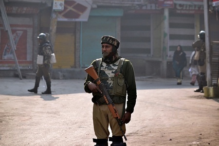 An Indian paramilitary soldier stands guard during strict restrictions in Srinagar, Indian administerd Kashmir.
Authorities have imposed restrictions in Srinagar besides parts of civil lines on Saturday as precautionary measure following as strike called by separatists against civilian killings in the valley.