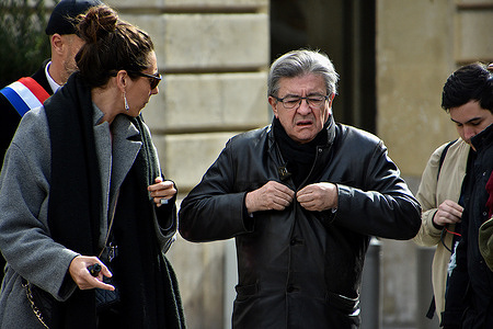 La France Insoumise (LFI) party leader Jean-Luc Mélenchon is seen arriving at the press briefing in Marseille. On the sidelines of the 7th day of mobilization against the pension reform, the leader of the party La France Insoumise (LFI) Jean-Luc Mélenchon gives a press point in Marseille.