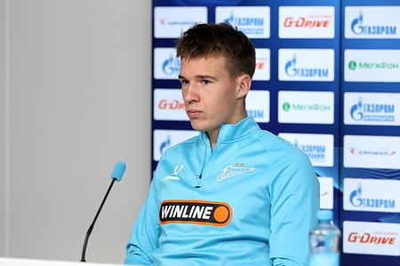 Yaroslav Mikhailov, player of the Zenit football club seen during a press conference at the Zenit FC training base in Saint Petersburg before the Zenit Saint Petersburg - Orenburg football match, Russian Premier League, which will be held in Saint-Petersburg, Gazprom Arena.
