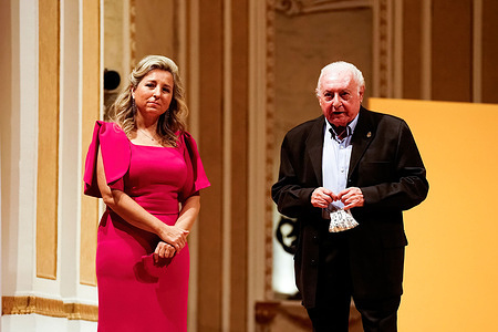 Pianist Paula Coronas (L) and musician Manuel del Campo (R) on stage during the 'Femmes D’Espagne' concert at Maria Cristina Concert Hall in Malaga.