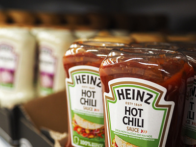 Heinz Hot Chili sauce on a shelf in a store in Passau.