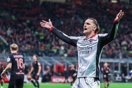 Adrien Rabiot of AC Milan celebrates a goal during Serie A 2025/26 football match between AC Milan and Torino FC at San Siro Stadium. Final score; Milan 3:2 Torino