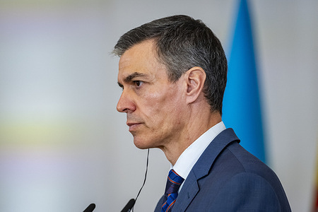 Spanish prime minister Pedro Sanchez is seen during the official visit of the Ukrainian president Volodymyr Zelensky (not in view) at the headquarters of the Spanish government in Palacio de la Moncloa.