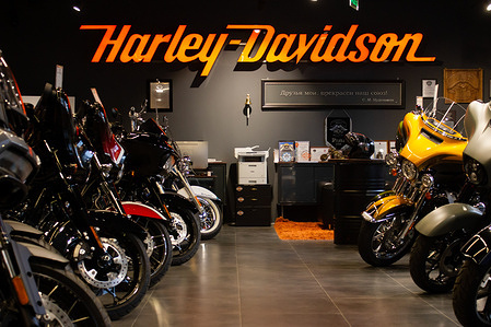 Motorcycles are seen inside a Harley-Davidson dealership in Moscow. Although American bike manufacturer Harley-Davidson Inc suspended its business and shipments of its bikes to Russia early in 2022, the dealership operates as normal. According to a salesperson, it became extremely hard for the dealership to import Harley-Davidson motorcycles to Russia since February 2022, however, it is still possible.