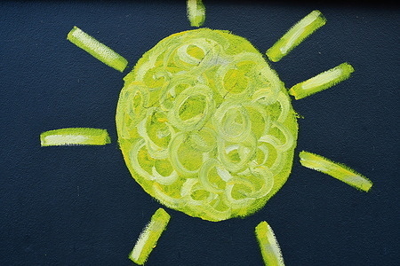 Weather-themed mural with a sun on a building in the town of Locarno.