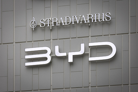 Chinese car manufacturer BYD (Build your dreams) branding at a shopping mall in Bratislava. "BYD, the Chinese EV giant, is aggressively pushing into Central Europe (Hungary, Poland, Czech Republic, Slovakia, Austria, etc.) as part of its broader European strategy to counter EU tariffs on Chinese-made vehicles and build a strong local presence."